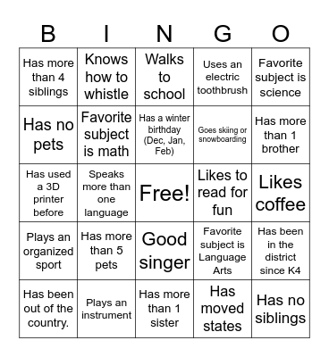 Get to know you - Middle School Bingo Card