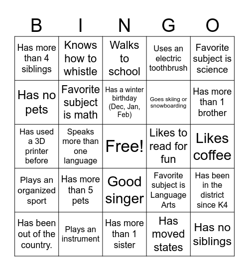 Get to know you - Middle School Bingo Card