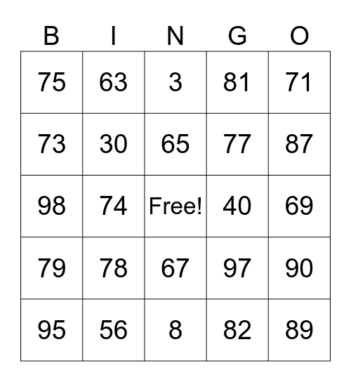 Numbers Through 99 Bingo Card