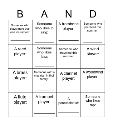 GETTING TO KNOW YOUR BANDMATES Bingo Card