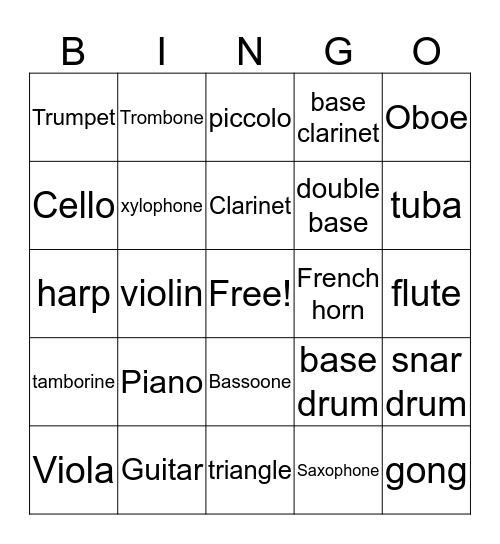 Instrumenet Bingo Card