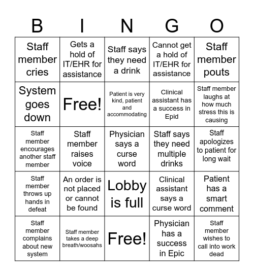 EPIC Go-Live Bingo Card