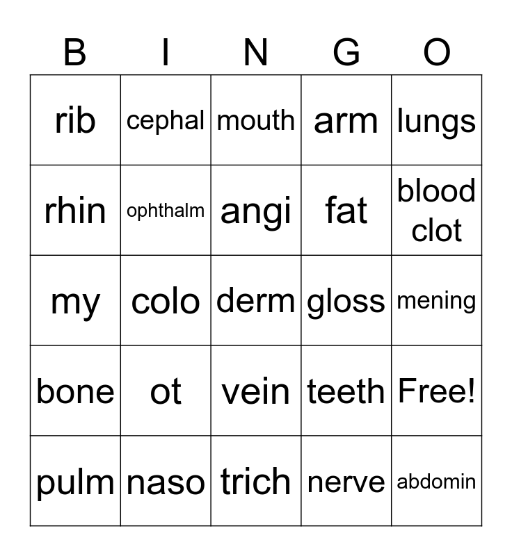 Med Term Bingo Card