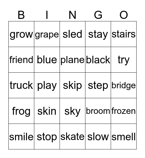 Consonant Clusters:  sm, sl, st, sk, tr, gr, br, fr, pl, bl Bingo Card
