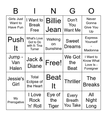 1980's Hits Bingo Card