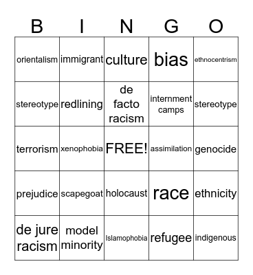 Ethnic Studies Final Review Bingo Card