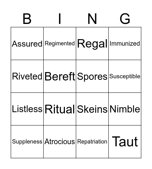 Vocabulary Week 4 Bingo Card