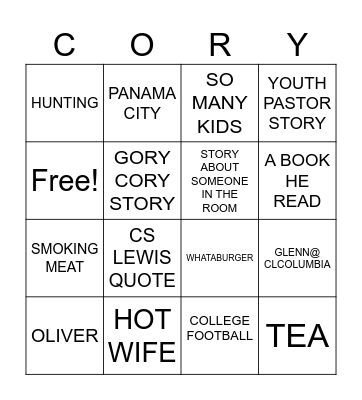 CORY'S PREACHIN' Bingo Card