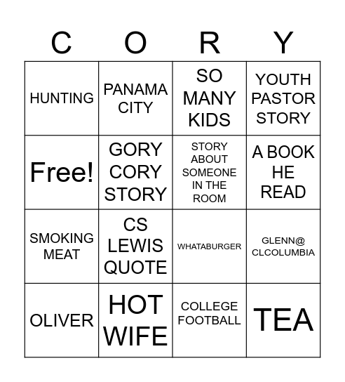 CORY'S PREACHIN' Bingo Card