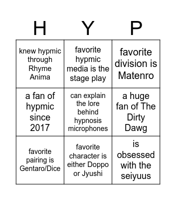 hypmic Bingo Card