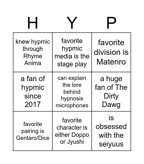 hypmic Bingo Card