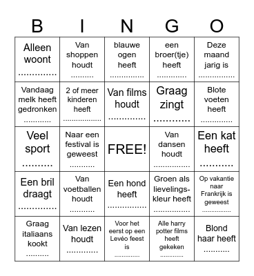 Zoek iemand die...... en schrijf de naam op in het vakje Bingo Card