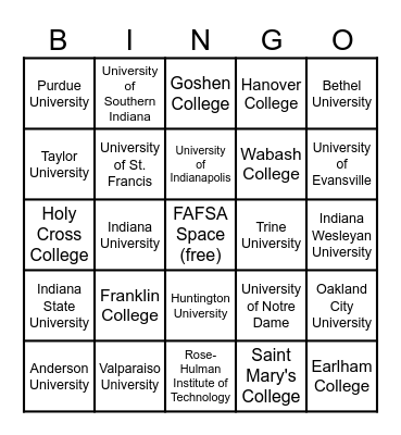 NMS Indiana College Bingo Card