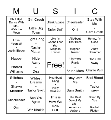 Pop Music Bingo Card