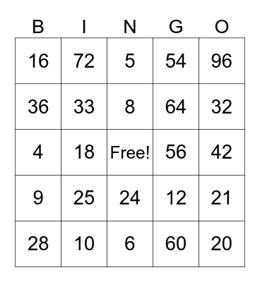 Multiplication Facts Bingo Card