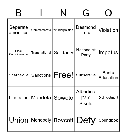 New vocab/terms Bingo Card