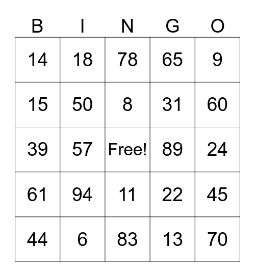 NUMEROS Bingo Card