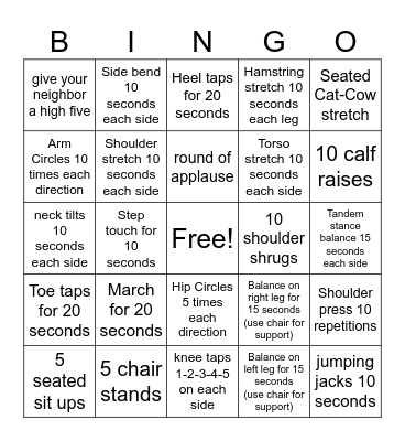 Exercise Bingo Card