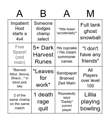 League of Legends ABAM Bingo Card Bingo Card