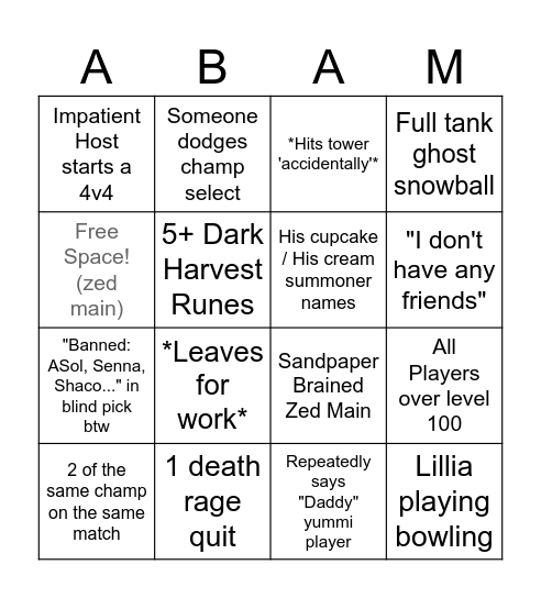 League of Legends ABAM Bingo Card Bingo Card