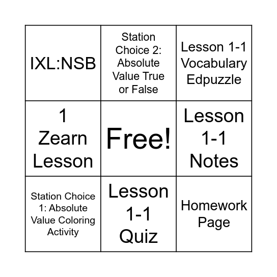 Lesson 1-1 Bingo.    Name:__________ Bingo Card