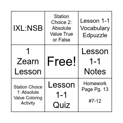 Lesson 1-1 Bingo: I can understand how integers and their opposites are related.   Name:__________ Bingo Card