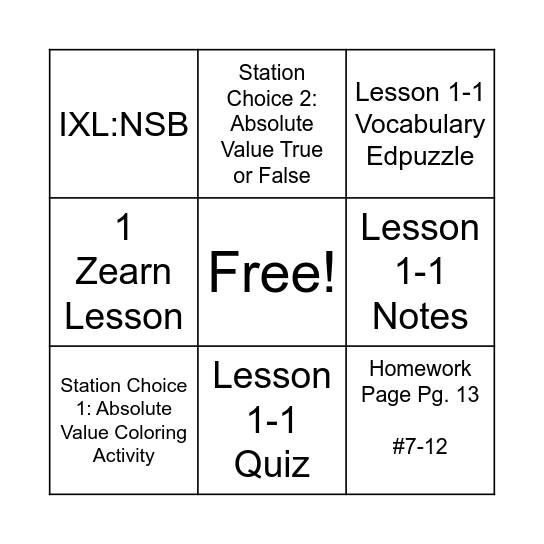 Lesson 1-1 Bingo: I can understand how integers and their opposites are related.   Name:__________ Bingo Card