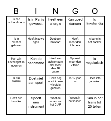 Zoek iemand die........ en schrijf de naam in het vakje Bingo Card