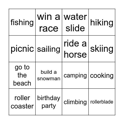 Experiences BINGO Card