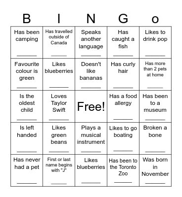 Get To Know You! Bingo Card