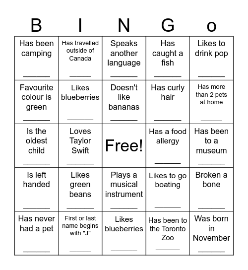 Get To Know You! Bingo Card