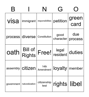 Citizenship Vocabulary Bingo Card