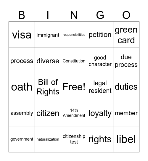 Citizenship Vocabulary Bingo Card