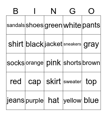 CLOTHES AND COLORS Bingo Card