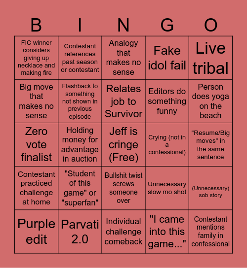 Survivor 45 Bingo Card