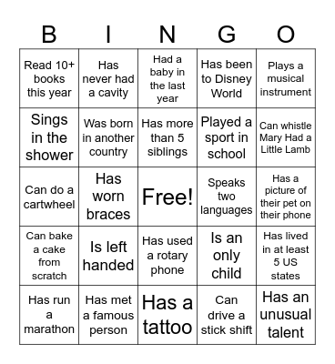 Orientation Bingo Card