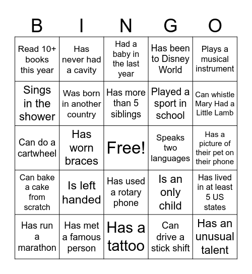 Orientation Bingo Card