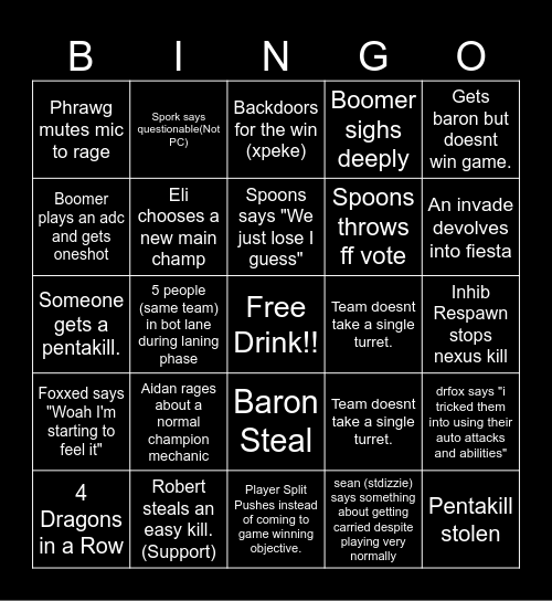 Drunk League Bingo Card