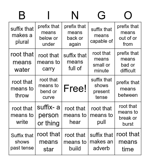 Morpheme Bingo Card