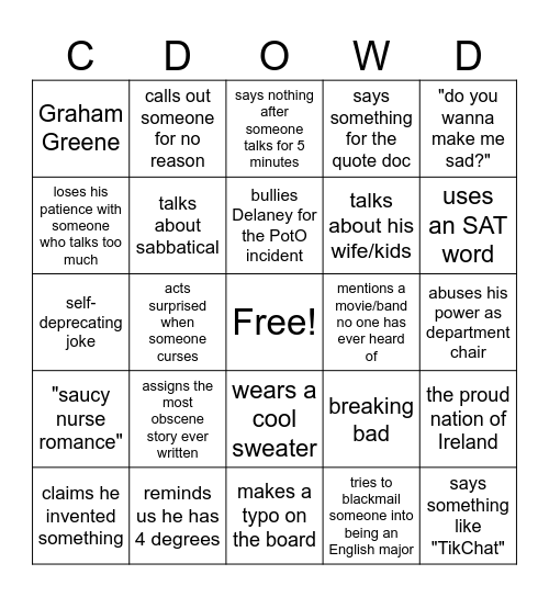 Dowd Bingo Card
