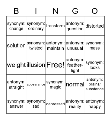 Vocabulary Bingo Card