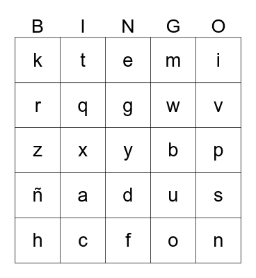 Spanish Alphabet Bingo Card