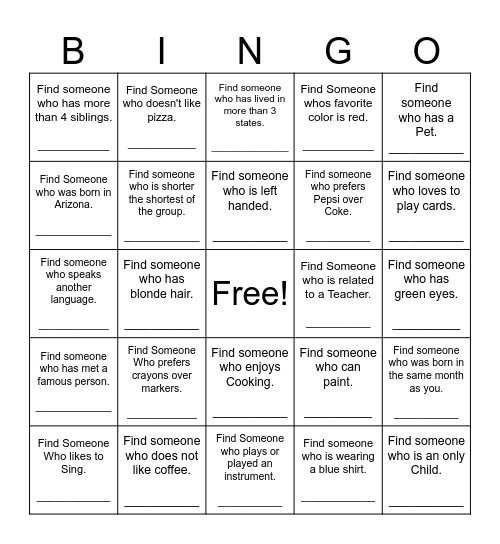 Find Someone Who Bingo Card