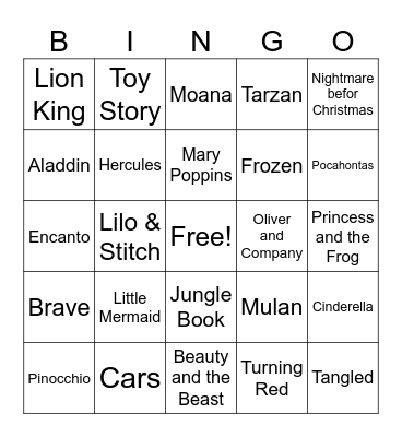 Disney Hits Bingo Card