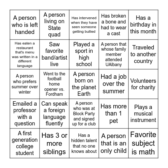 Freshman Year Experience Bingo Card