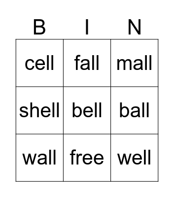 -all and -ell Bingo Card
