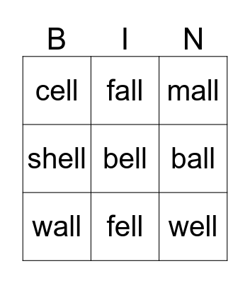 -all and -ell Bingo Card