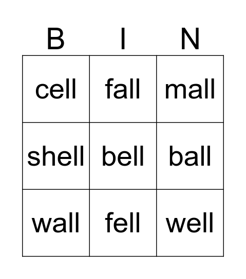 -all and -ell Bingo Card