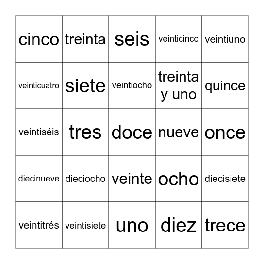 Silent Bingo: Los Números:  1-31 Bingo Card