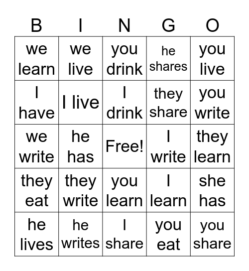 Er/Ir Verbs Review Bingo Card